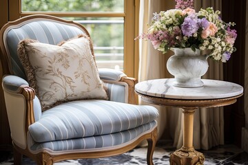 Marble Top Coffee Table Designs: French Country Charm Fabric Armchair & Flower Vase Combo