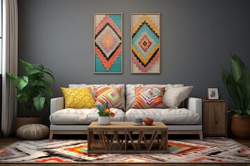 Vibrant Geometric Rug Patterns: Boho Chic Grey Wall Art Poster Ideas for a Colorful Living Room