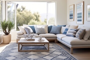 Coastal Comfort: Geometric Rug Patterns Brighten Sunlit Lounge With Comfy Cushions