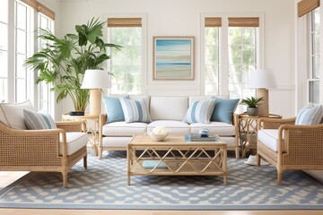 Coastal Bliss: Geometric Rug Patterns with Rattan Furniture and Blue Accents in Modern Living Spaces