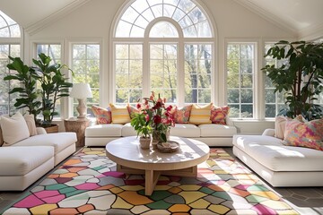 Sunlit Villa Charm: Geometric Rug Patterns Amidst Large Seating in a Chic Living Space
