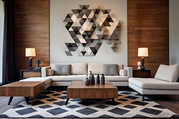 Geometric Rug Patterns: Living Spaces Enhanced with Sleek Design & Modern Lighting Wall Art