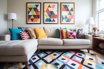 Geometric Boho Chic: Colorful Throw Pillows in Minimalist Elegant Living Spaces