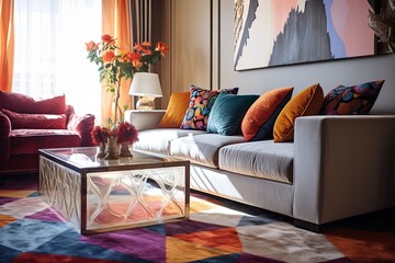 Geometric Glam: Sunlit Corners and Velvet Sofa Dreams with Artistic Rug Patterns