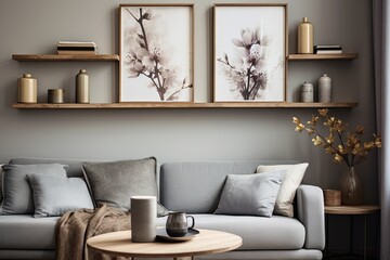 Grey Wall Art Poster Ideas: Chic Living Room Decor with Floating Wooden Shelves