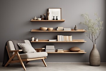 Grey Wall Art Poster Ideas on Chic Living Room Floating Wooden Shelves with Decorative Items