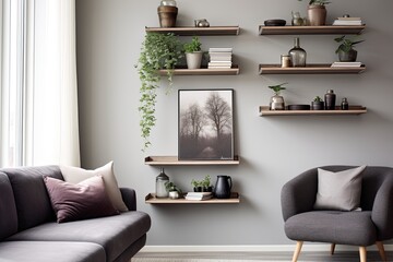 Grey Wall Art Poster Ideas | Chic Living Room Decor with Floating Wooden Shelves
