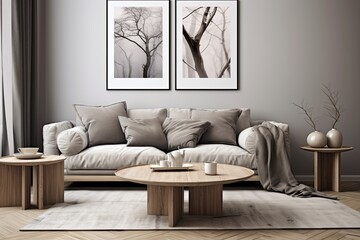Grey Wall Art Poster Ideas: Minimalist Living Room with Scandinavian Furniture & Wooden Coffee Table