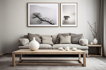 Fototapeta na wymiar Grey Wall Art Poster Ideas: Minimalist Scandinavian Living Room with Wooden Coffee Table