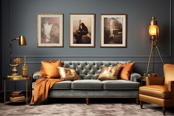 Vintage Poster Ideas for Grey Wall Art: Mid-Century Charm with Velvet Sofa & Brass Fixtures