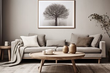 Grey Wall Art Poster Inform: Minimalist Living Room, Scandinavian Furniture with a Wooden Coffee Table