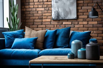Blue Pillow Industrial Living Room with Brick Wall - Modern D�cor Inspiration