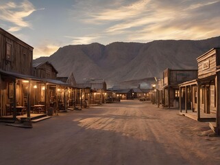 Wild West Village with Simple Wooden Houses and A Valley with Clouds during Sunset