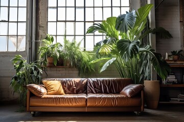 Sunlit Leather Couch in Industrial Loft with Oversized Green Plants