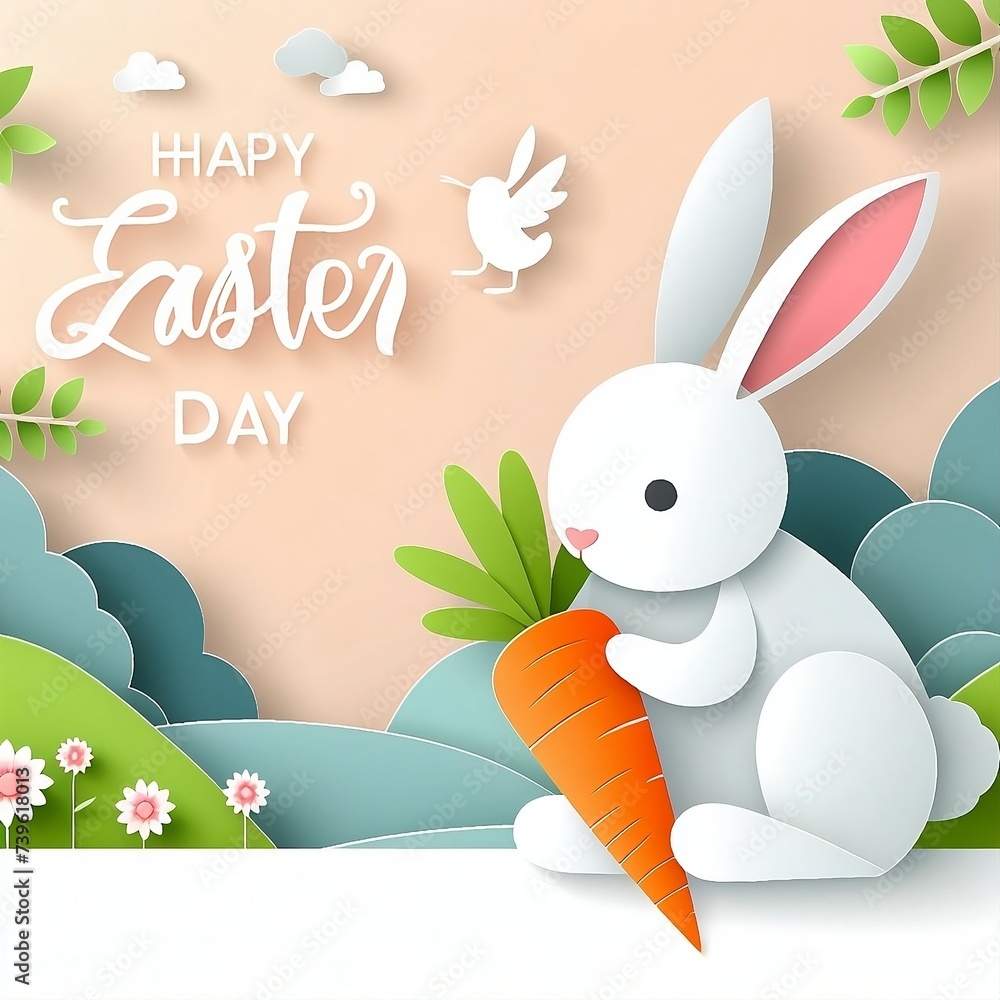 Wall mural Happy Easter Day and Rabbit eating carrot in Vector Illustration for social media ads fb , insta,  Background with space for copy created with generative ai