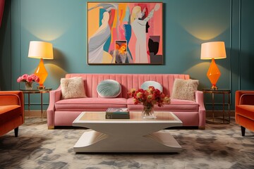 Velvet Upholstered Sofa Lounge: Art Deco Inspirations in Pastel Oasis