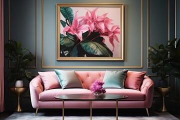 Luxe Living: Velvet Upholstered Sofa Inspirations - Golden Frame Art Poster & Indoor Plants Elegance