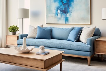 Mid-century Modern Living Rooms: Blue Accents Featuring Blue Bench and Wooden Table