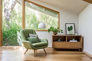 Mid-century Modern Green Armchair Design with Natural Light Maximized Wooden Floors