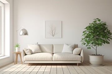 Fototapeta na wymiar Minimalist White Sofa: Scandinavian Vibe in Elegant Living Spaces with Indoor Plants and Wooden Floors