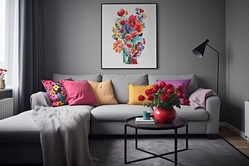 Naklejka premium Modern Apartment Bliss: Floral Pattern Cushion Inspirations in Minimalist Design with Pop of Colors on Grey Walls