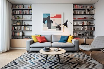 Geometric Rug Patterns: Modern Living Space with Sleek Shelving & Art Posters