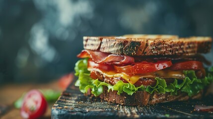 Sandwich Tasty sandwich with ham or bacon cheese tomatoes lettuce and grain bread Delicious club sandwich or school lunch breakfast or snack. with copy space image. Place for adding text or design - obrazy, fototapety, plakaty