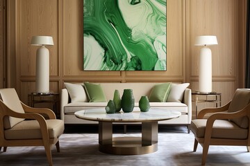 Modern Contemporary Wood Paneling Dining Room with Marble Top Coffee Table and Green Accents