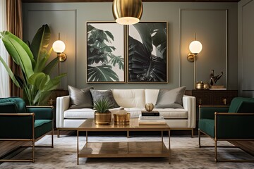 Vintage Brass Lighting Fixtures Shine in Modern Living Room with Green Plants and Art Deco Elements