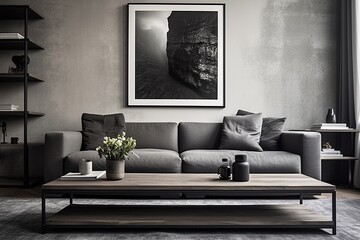 Modern Touch Rustic Minimalist Living Interiors Featuring Black Coffee Table and Grey Sofa