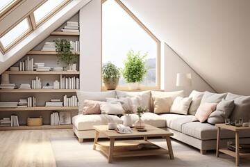 Fototapeta premium Maximizing Natural Light: Scandinavian Living Room with White Sofa and Wooden Coffee Table