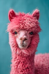 Pink alpaca on a blue background. Alpaca portrait. Natural wool, fashionable hairstyle.