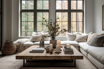 Natural Light Room: Inspiring Square Coffee Table Ideas in a Serene Ambiance with Large Windows