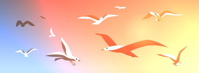 seagulls soaring in blue sky birds flying high in clear sky big oceangull pack summer vacation travelling concept horizontal