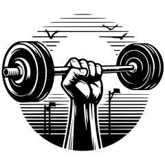 Gym Hand and Barbell Vaporwave Vintage 80s Background Black and White SVG Vector File for Laser Cutting Generative Ai