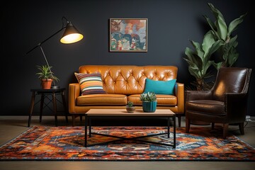 Vintage Revival: Retro Elements Amid Leather Couch, Vintage Lamps, Mid-Century Chair & Patterned Rug