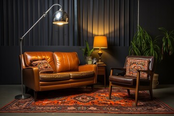Retro Elements: Leather Couch, Vintage Lamps, Industrial Mid-Century Charm