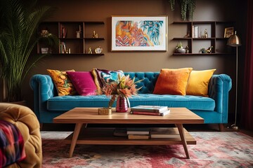 Retro Chic: Velvet Sofa & Wood Coffee Table in Bohemian Living Room Design