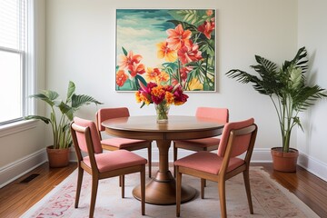 Retro Vibe Dining Room: Tropical Plant Decor Palette with Patterned Rug and Exotic Flowers