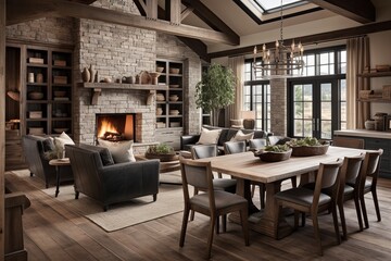 Rustic Living & Dining Room Designs: Brick Fireplace, Farmhouse Table, Leather Armchairs