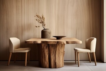 Rustic Minimalist Dining Room with Wood Stump Side Table and Abstract Wood Paneling on Beige Walls