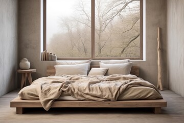 Wooden Bed Serenity: Rustic Minimalist Interiors with Beige Bedding
