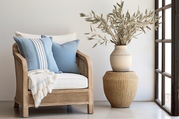 Coastal Serenity: Rustic Minimalist Interiors with Rattan Chair and Blue Accents in Lounge Setting