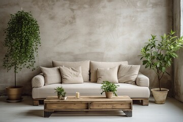 Beige Sofa and Wooden Coffee Table in Rustic Minimalist Living Room with Green Plants