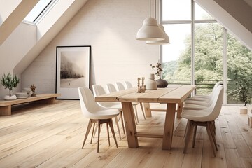 Rustic Minimalist Living: Spacious Dining Room with Wooden Table and White Chairs