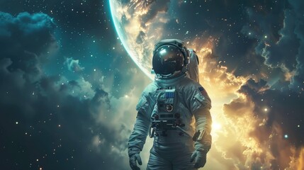 Fototapeta na wymiar Astronaut explores space being desert planet. Astronaut space suit performing extra cosmic activity space against stars and planets background