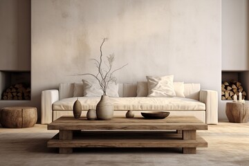 Fototapeta na wymiar Rustic Minimalist Living: White Lounge, Beige Rug, Wooden Table Harmony