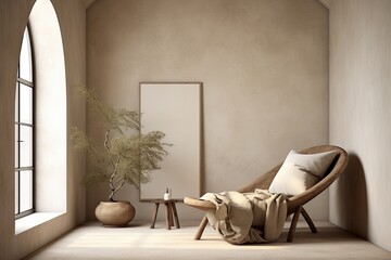 Serene Rustic Minimalist Room with Arched Window Stucco Wall Decor and Fabric Lounge Chair