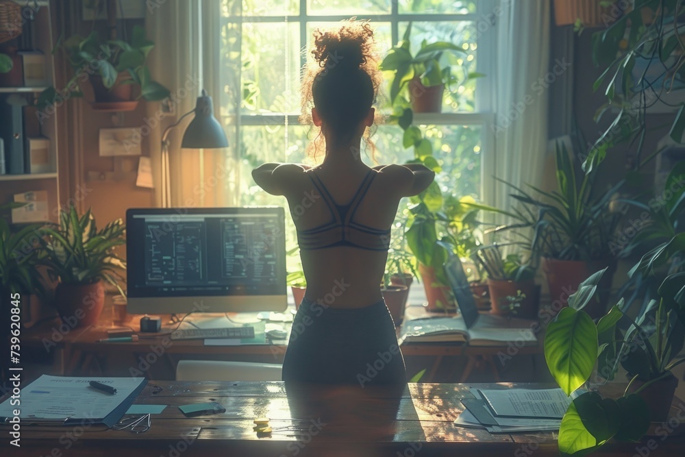 Poster woman standing in front of desk with computer. generative ai