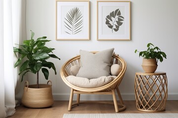 Scandinavian Boho Living Room with Rattan Chair, Green Plant, and Art Deco Poster